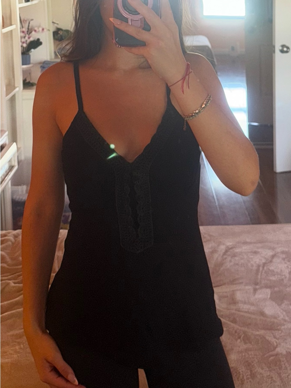 Yuka Black Lace-Trim Camisole Tank